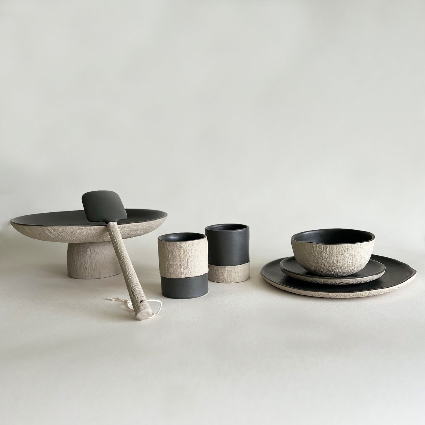 Beige black handmade ceramic dinnerware set